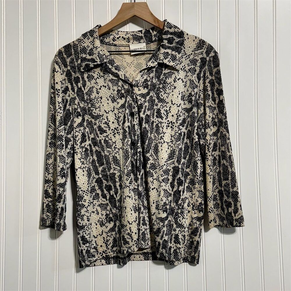 VTG Y2K Fashion Bug Snake Skin Print Blouse Large Office Siren Mob Wife Slinky